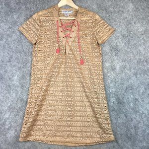 Ingear Resort Swim Cover L Tan Eyelet Lacy Striped Swmi Sheer Tassle Tie Hooded